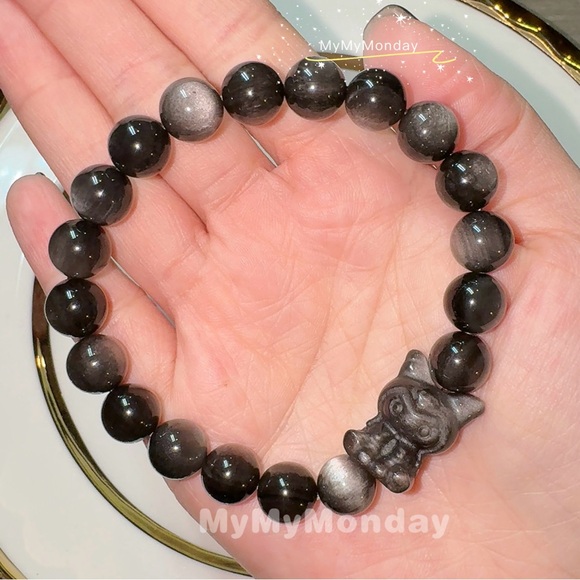 Handmade Jewelry - Silver Obsidian Bracelet With Kuromi 10mm